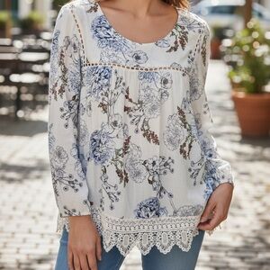 Maeve Floral Lace Trim Blouse - Blue and White